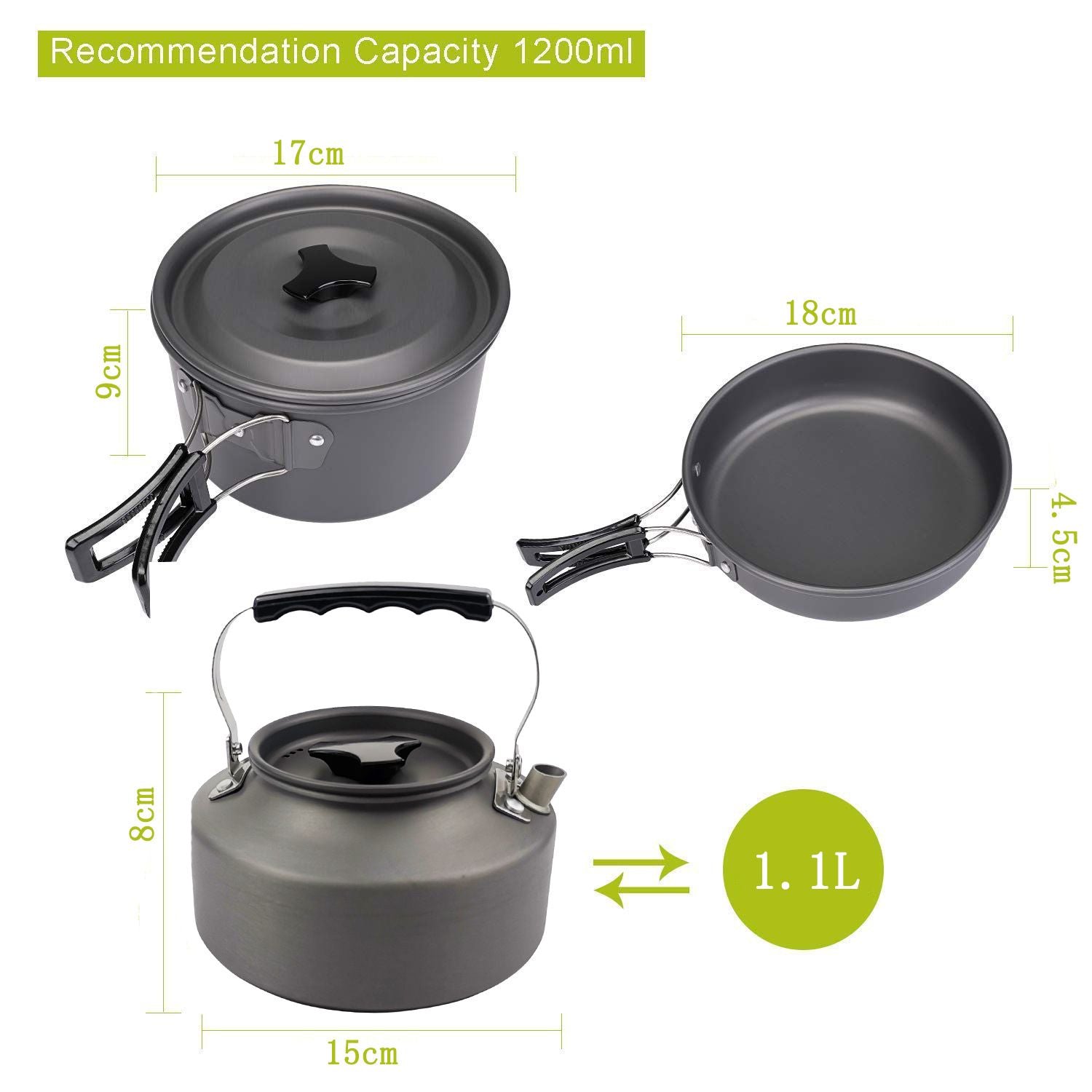 Green Camping Cookware Set for 2–3 People – Portable Outdoor Cooking Pot, Frying Pan & 1.1L Kettle Kit with Stainless Steel Plates, Cups & Cutlery, Lightweight Non-Stick Camping Cook Set for Hiking, Picnic, Backpacking & RV Travel