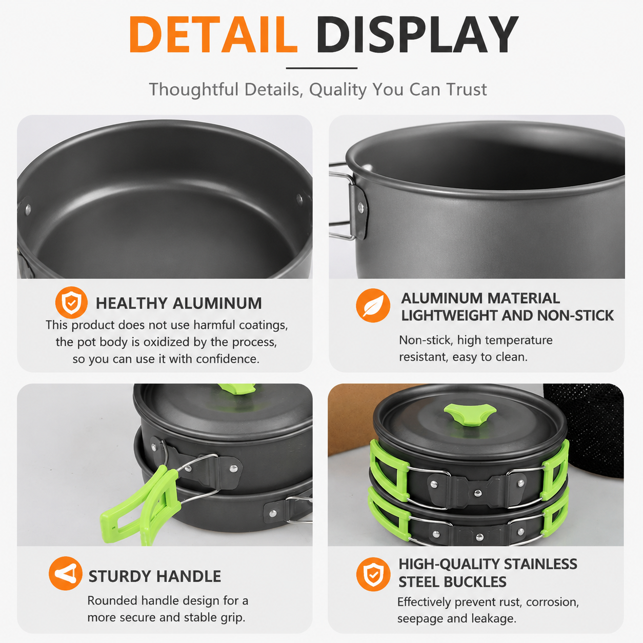 Orange Camping Cookware Set for 2–3 People – Portable Outdoor Cooking Pot, Frying Pan & 1.1L Kettle Kit with Stainless Steel Plates, Cups & Cutlery, Lightweight Non-Stick Camping Cook Set for Hiking, Picnic, Backpacking & RV Travel