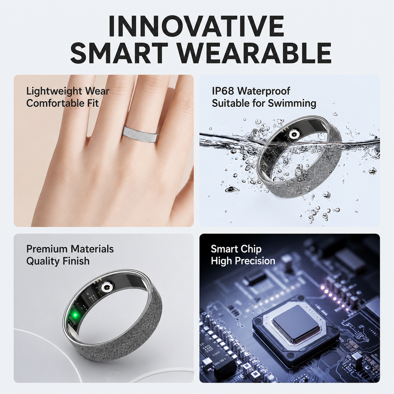 Smart Ring Size 10 (Black) – Frosted Black Wellness Tracker with Heart Rate, Blood Oxygen, Sleep, Steps and Mood Monitoring, IP68 Waterproof USB Magnetic Charging Ring