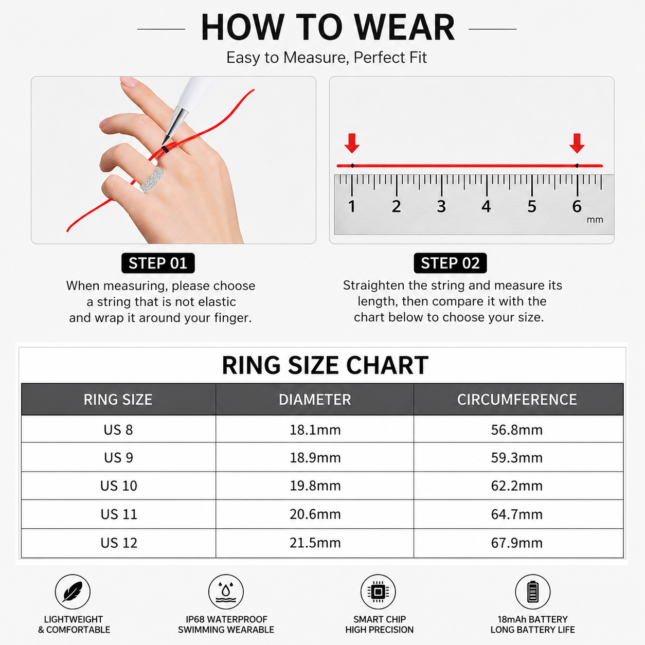 Smart Ring Size 11 (Black) – Frosted Black Wellness Tracker with Heart Rate, Blood Oxygen, Sleep, Steps and Mood Monitoring, IP68 Waterproof USB Magnetic Charging Ring
