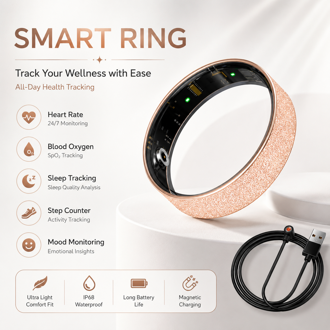 Smart Ring Size 11 (Rose Gold) – Frosted Rose Gold Wellness Tracker with Heart Rate, Blood Oxygen, Sleep, Steps and Mood Monitoring, IP68 Waterproof USB Magnetic Charging Ring
