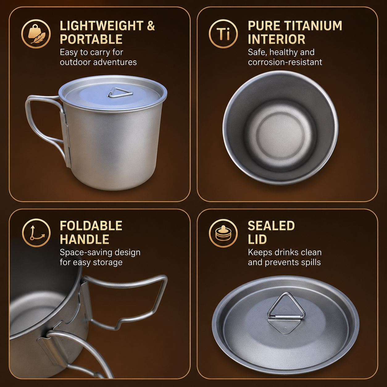 Camping Mug 350ml (11.83oz) with Lid – Ultra Lightweight Titanium Coffee Cup, Foldable Handle Outdoor Water Cup for Camping, Hiking, Travel, Backpacking and Adventure