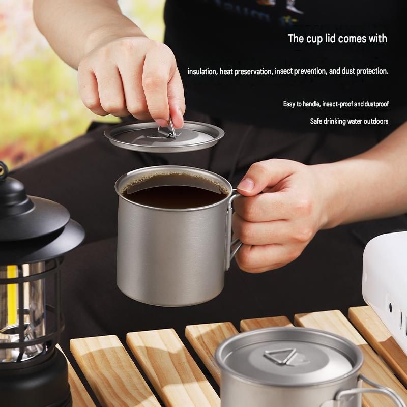 Camping Mug 400ml (13.53oz) with Lid – Ultra Lightweight Titanium Coffee Cup, Foldable Handle Outdoor Water Cup for Camping, Hiking, Travel, Backpacking and Adventure