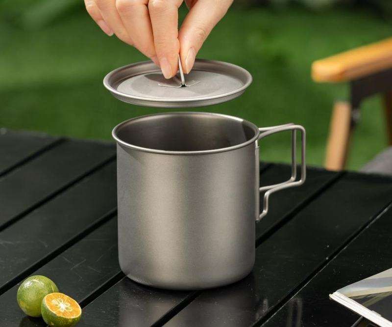 Camping Mug 500ml (16.91oz) with Lid – Ultra Lightweight Titanium Coffee Cup, Foldable Handle Outdoor Water Cup for Camping, Hiking, Travel, Backpacking and Adventure