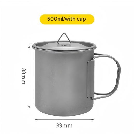 Camping Mug 500ml (16.91oz) with Lid – Ultra Lightweight Titanium Coffee Cup, Foldable Handle Outdoor Water Cup for Camping, Hiking, Travel, Backpacking and Adventure