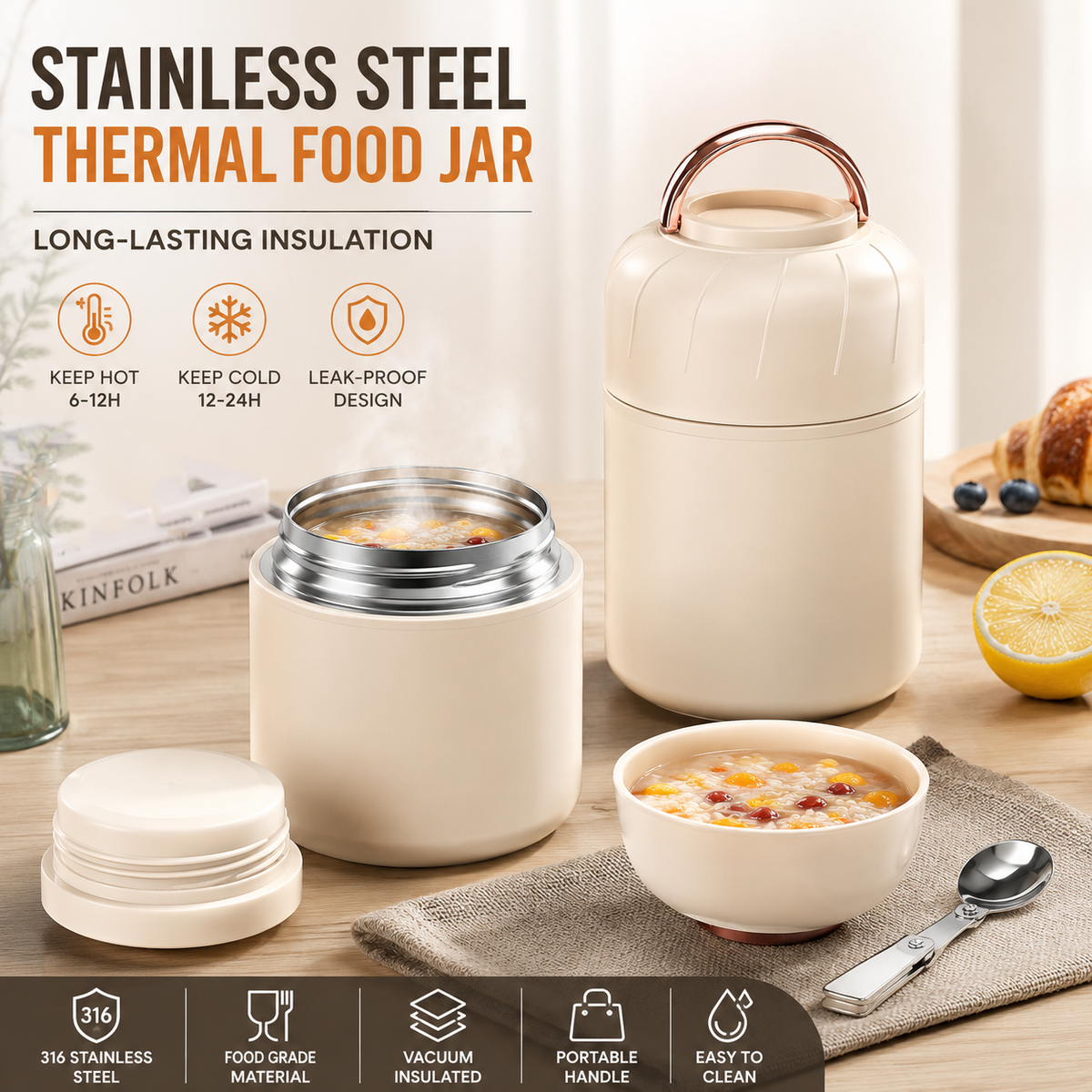 White 850ml Thermal Food Jar with Spoon Portable Insulated Lunch Container Vacuum Soup Cup Leakproof Food Flask for Office Travel Camping Stew Rice Porridge Meal Prep