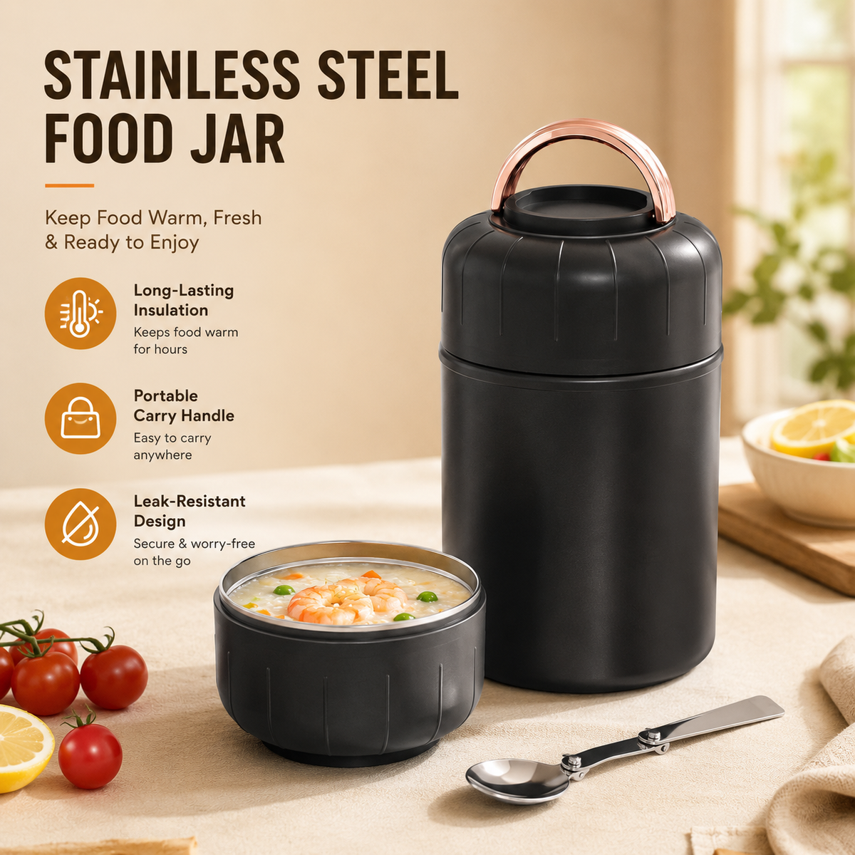 Black 1050ml Thermal Food Jar with Spoon Portable Insulated Lunch Container Vacuum Soup Cup Leakproof Food Flask for Office Travel Camping Stew Rice Porridge Meal Prep