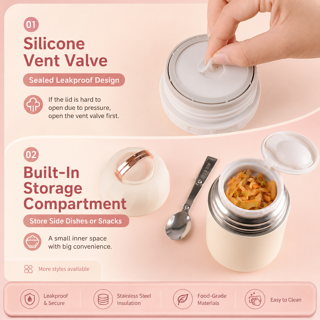 Red 1050ml Thermal Food Jar with Spoon Portable Insulated Lunch Container Vacuum Soup Cup Leakproof Food Flask for Office Travel Camping Stew Rice Porridge Meal Prep