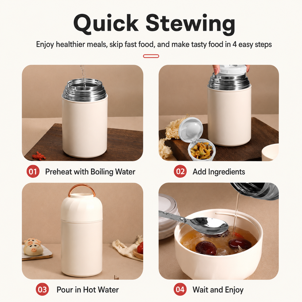 Red 1050ml Thermal Food Jar with Spoon Portable Insulated Lunch Container Vacuum Soup Cup Leakproof Food Flask for Office Travel Camping Stew Rice Porridge Meal Prep