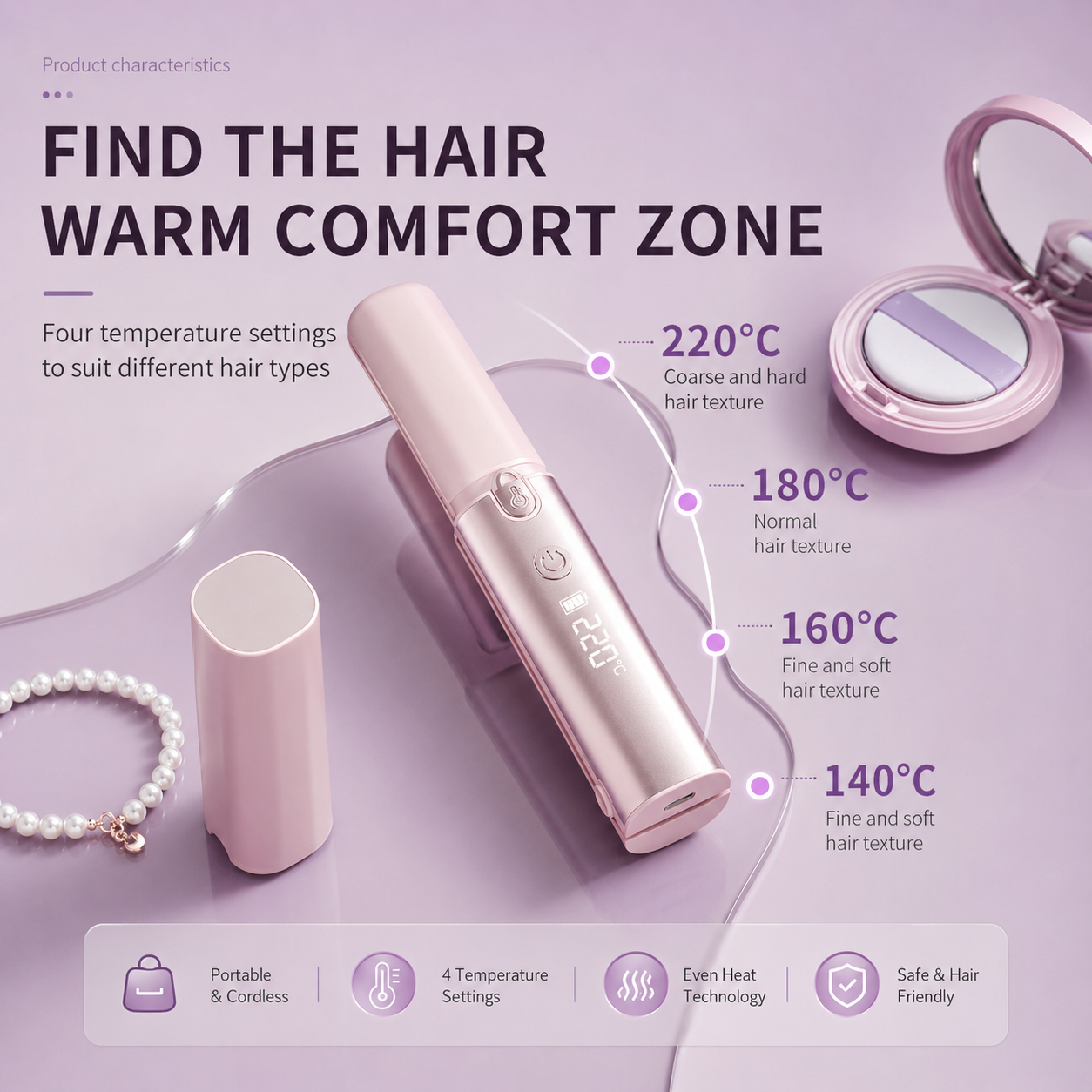 Brown Portable Cordless Hair Straightener Brush Rechargeable Mini Hair Styling Comb, USB-C Fast Charging, 4 Temperature Settings 140-220°C, Anti-Scald Design, Travel Hair Straightener for Home & On-the-Go Styling