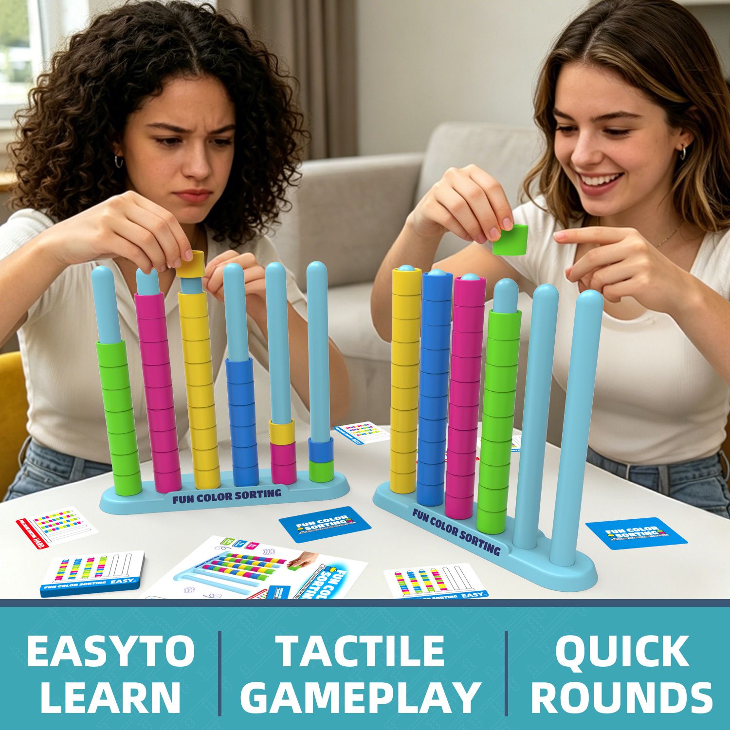 Colour Sorting Stacking Game with 50 Challenge Cards, Single Player Logic Puzzle and Ring Matching Tabletop Activity for Family Game Nights, Parties and Brain Training