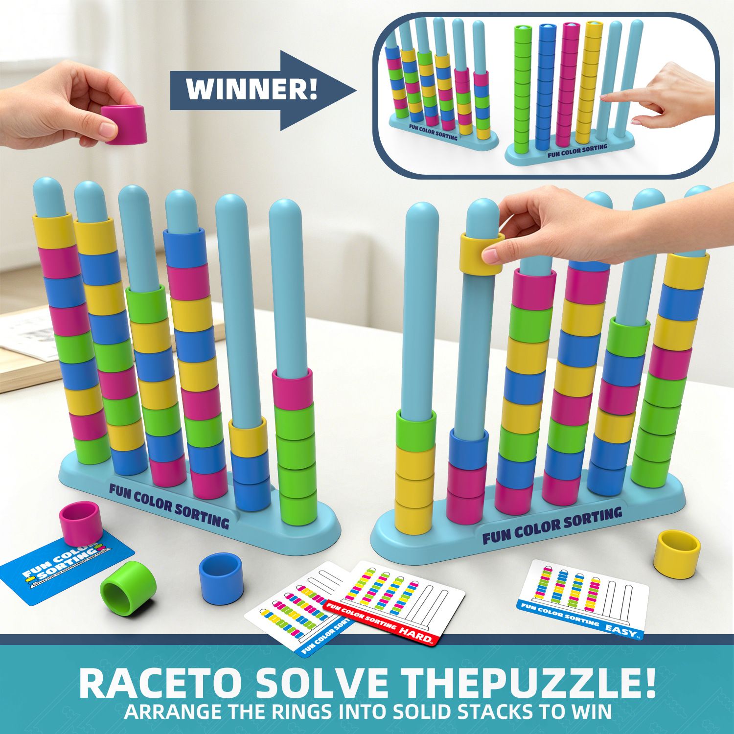 Colour Sorting Stacking Game with 50 Challenge Cards, Single Player Logic Puzzle and Ring Matching Tabletop Activity for Family Game Nights, Parties and Brain Training