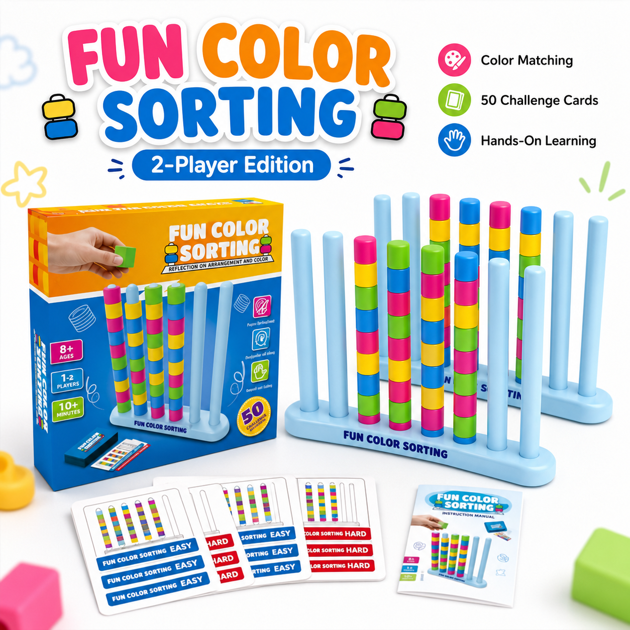 Colour Sorting Stacking Game 2 Player 50 Challenge Cards Family Logic Puzzle