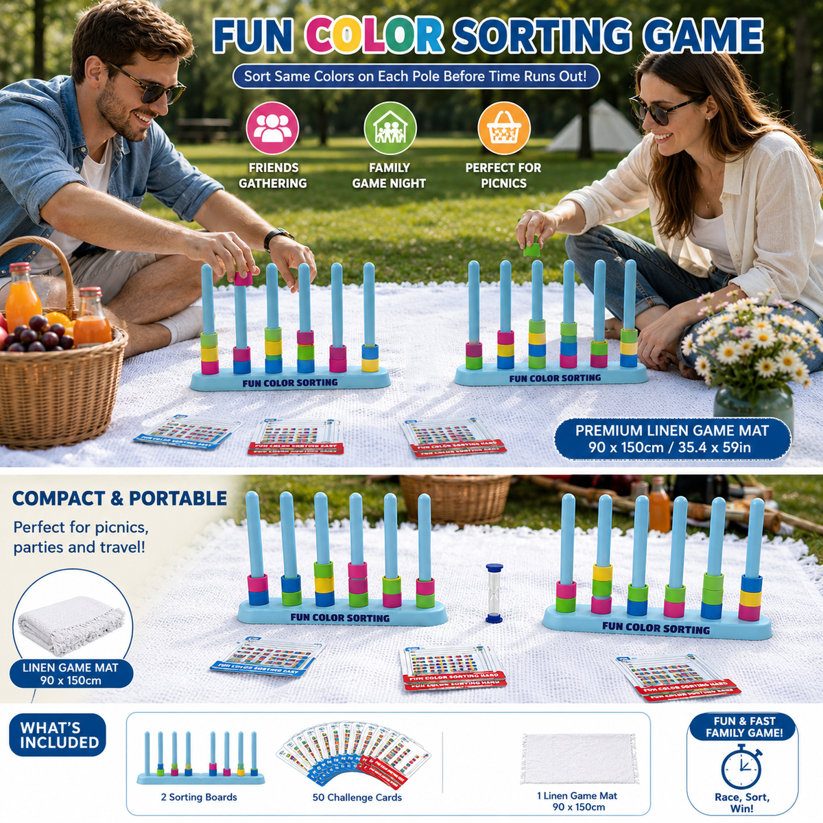 Colour Sorting Board Game 2 Player 50 Cards & White Linen Picnic Blanket Bundle