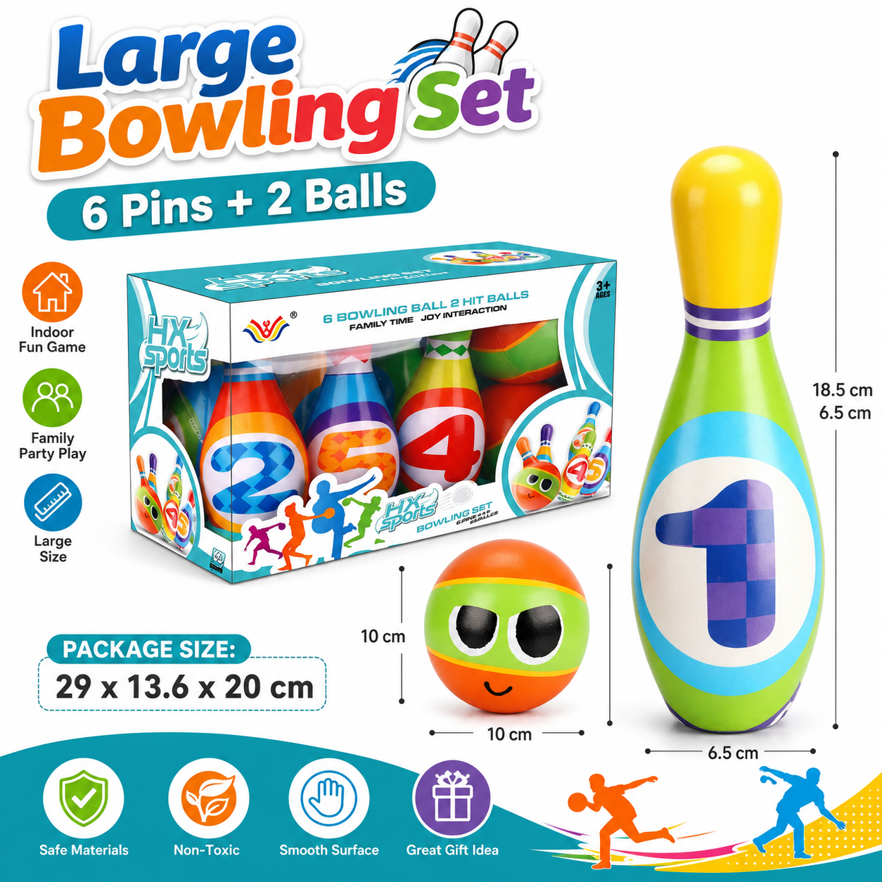 Large Bowling Set 6 Pins 2 Balls Indoor Outdoor Family Party Game Oversized Soft Bowling Toy Set for Fun Activities Sports Practice and Gift