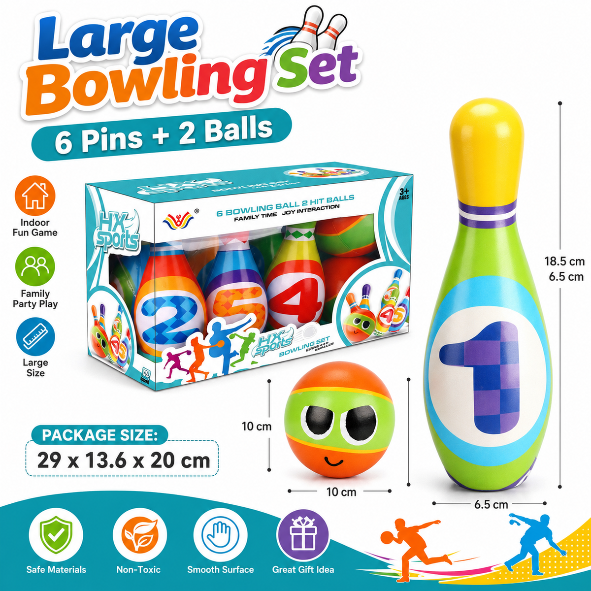 Large Bowling Set 6 Pins 2 Balls Indoor Outdoor Family Party Game Oversized Soft Bowling Toy Set for Fun Activities Sports Practice and Gift