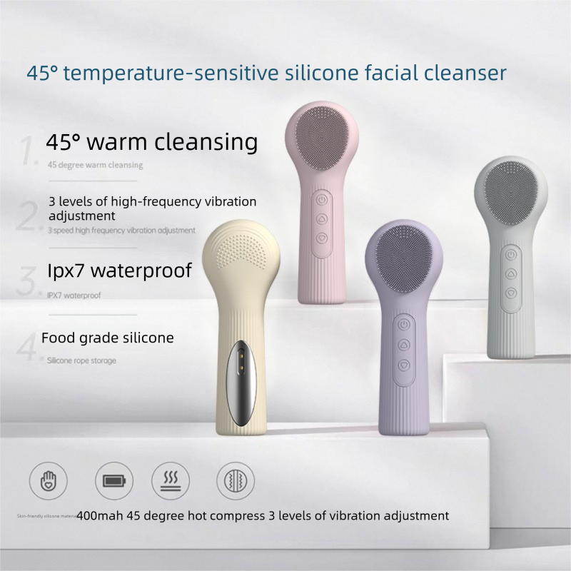 Purple Heated Silicone Facial Cleansing Brush - Dual Sided, Rechargeable, 3 Vibration Levels, Magnetic Charging for Daily Skincare, Bathroom and Travel