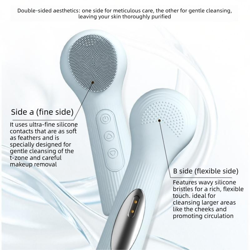 Blue Heated Silicone Facial Cleansing Brush - Dual Sided, Rechargeable, 3 Vibration Levels, Magnetic Charging for Daily Skincare, Bathroom and Travel