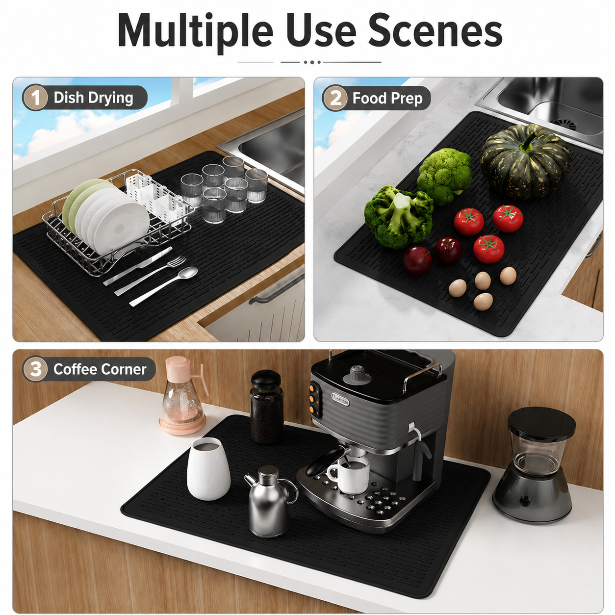Black Extra Large Silicone Countertop Protector & Dish Drying Mat - Dishwasher Safe (76x53cm)