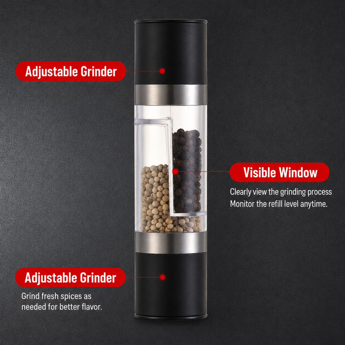 Dual Head Manual Pepper Grinder Silver Spice Mill with Adjustable Coarseness 20.5cm Kitchen Seasoning Tool