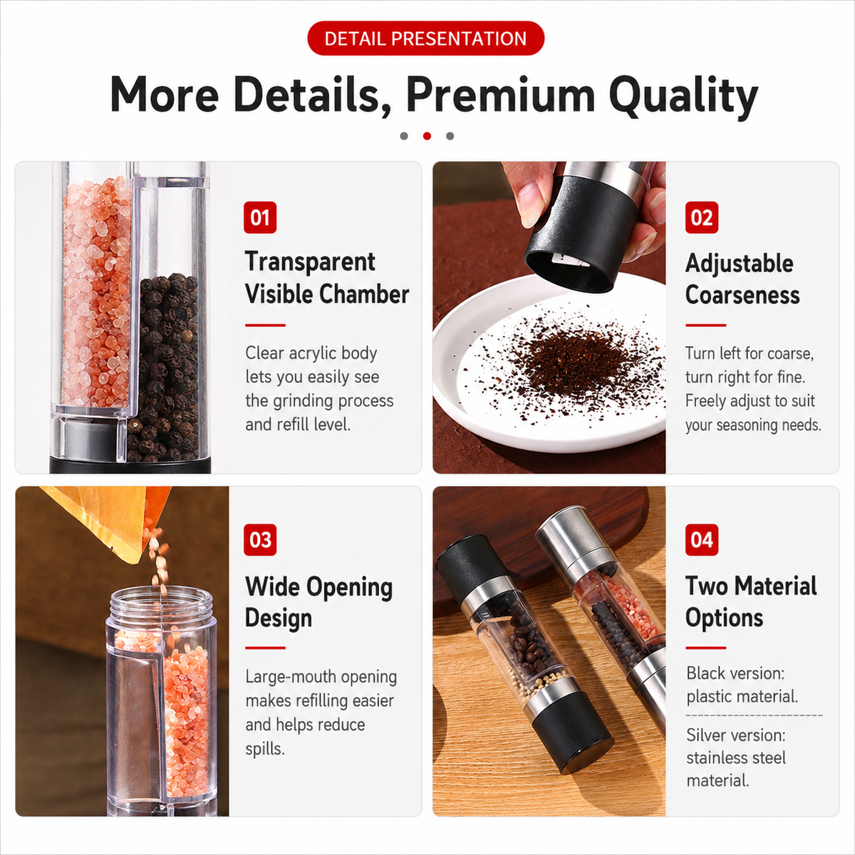 Dual Head Manual Pepper Grinder Silver Spice Mill with Adjustable Coarseness 20.5cm Kitchen Seasoning Tool