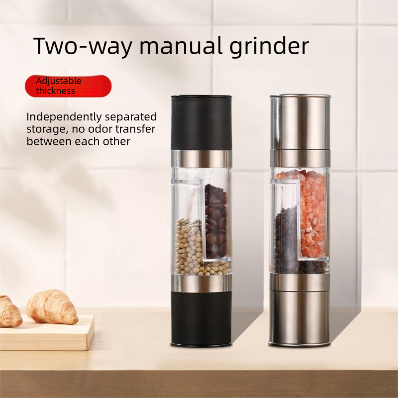 Dual Head Manual Pepper Grinder Black Spice Mill with Adjustable Coarseness 20.5cm Kitchen Seasoning Tool