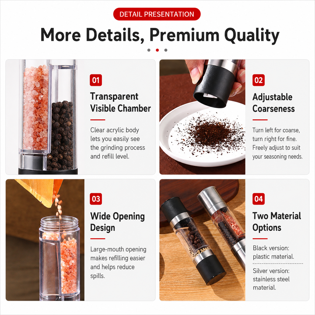 Dual Head Manual Pepper Grinder Black Spice Mill with Adjustable Coarseness 20.5cm Kitchen Seasoning Tool