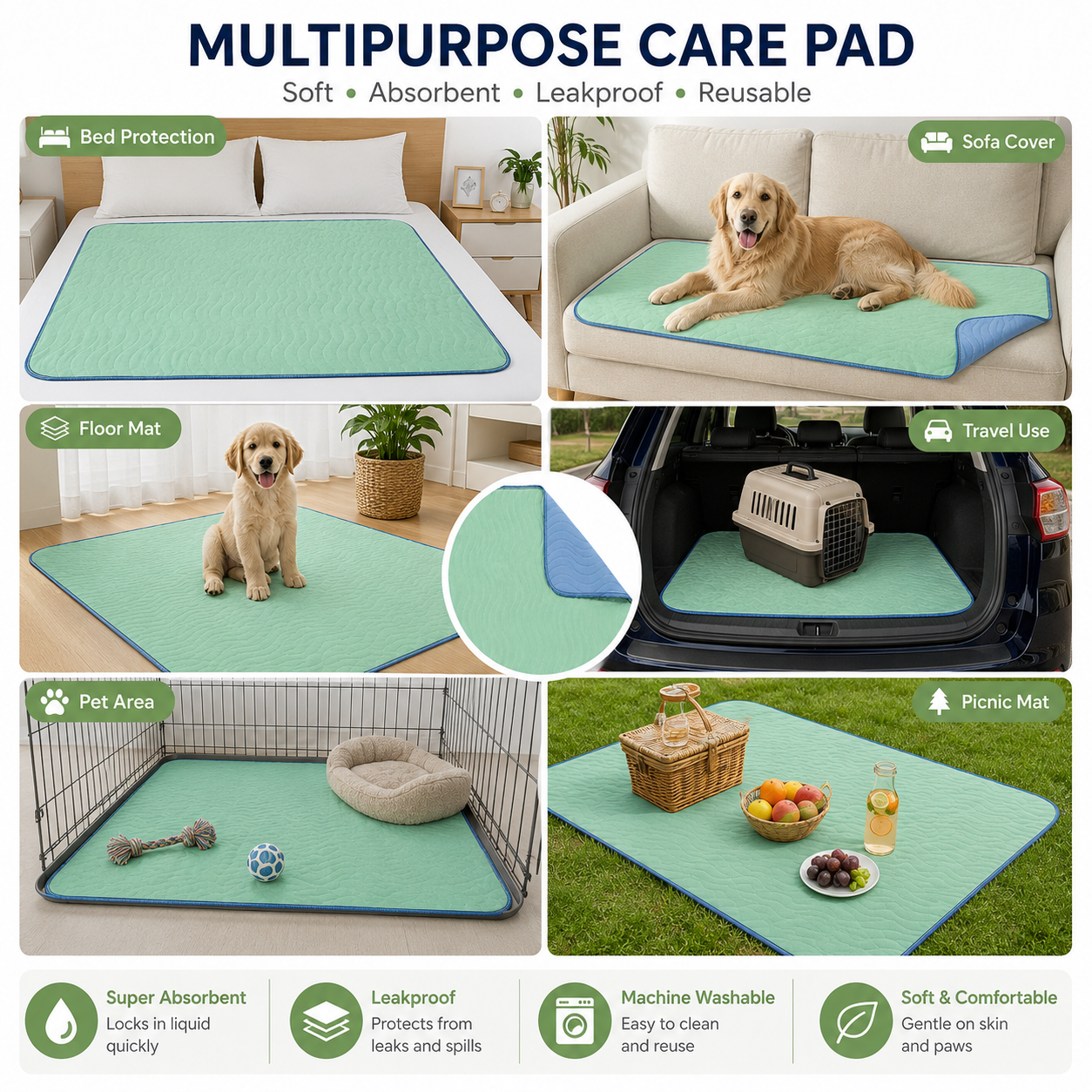 Reusable Washable Underpad - 86 x 91 cm Mint Green Waterproof Absorbent Bed Pad for Adults and Pets, Bedwetting, Incontinence Care and Pet Training