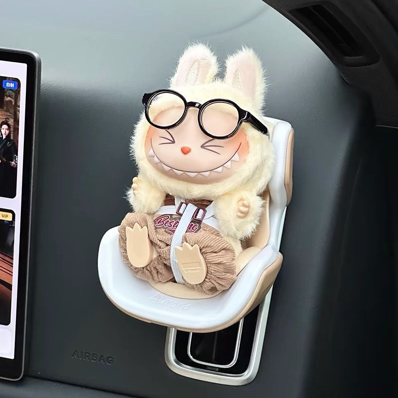 Macaron Pink Mini Doll Safety Seat with Magnetic Base, Car Dashboard Plush Toy Holder Decoration