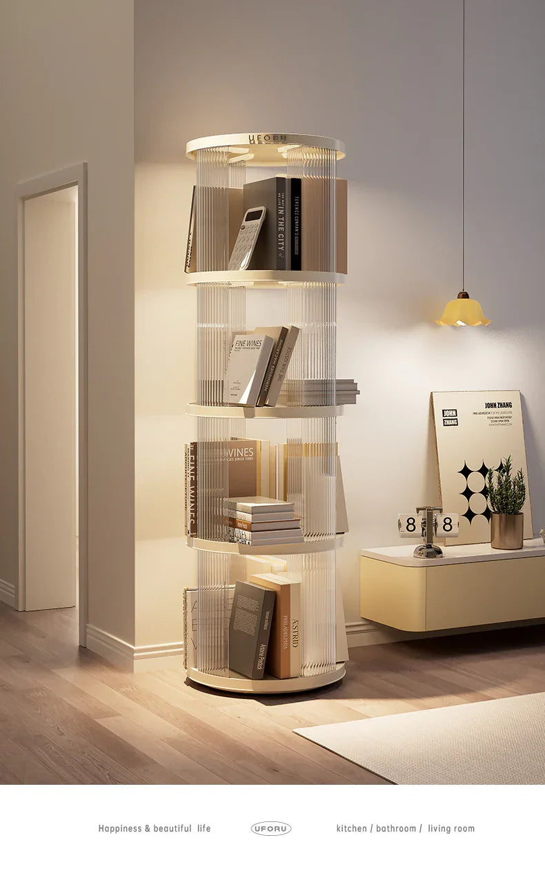 Rotating Bookshelf – 4‑Tier ABS/PET Storage Tower, Cream White, 135.5cm