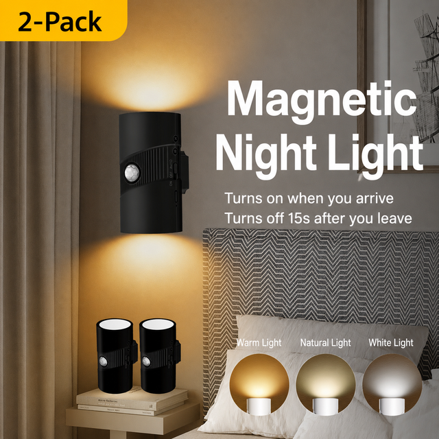 Motion Sensor Night Light 2 Pack White Rechargeable Magnetic Wall Lamp Cordless