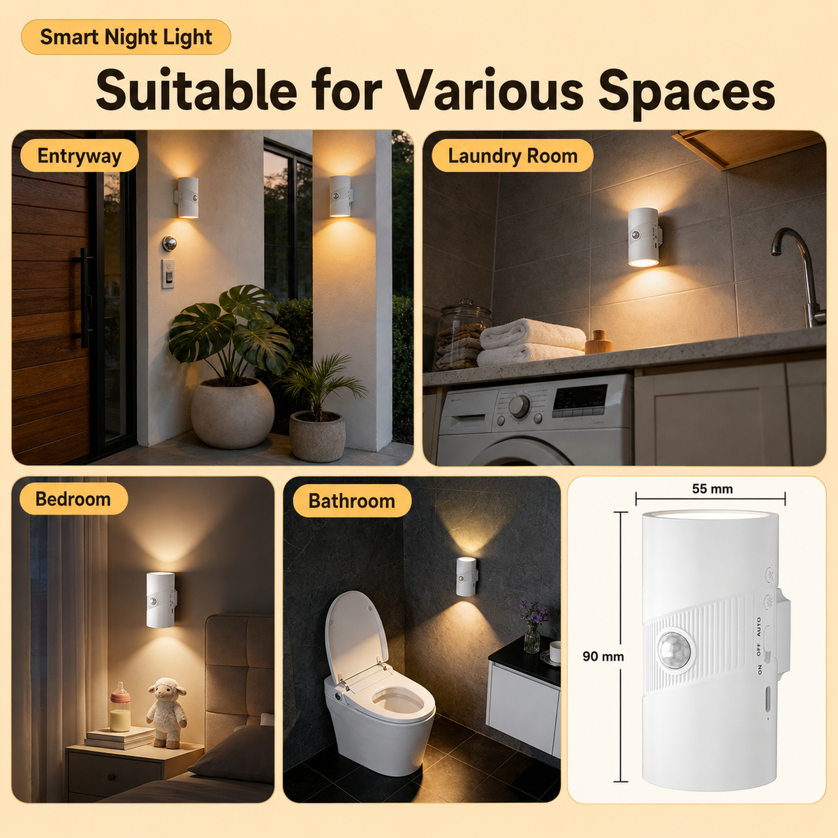 White Rechargeable Magnetic Dual Direction Wall Lamp - Widely Triple Sensing, 15s Automatic Timing & Constant On Mode, 3 Colours and 4 Brightness Levels for Hallways and Bedrooms
