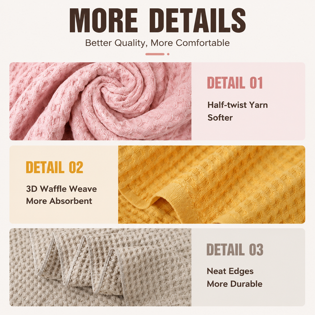 5 Piece Pink Waffle Weave 100% Cotton Towel Set - Quick Dry Absorbent Bath Towel, 2 x Towels and 2 x Face Towels with Hanging Hook for Home and Guest Use