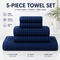 5 Piece Dark Blue Waffle Weave 100% Cotton Towel Set - Quick Dry Absorbent Bath Towel, 2 x Towels and 2 x Face Towels with Hanging Hook for Home and Guest Use