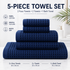 5 Piece Dark Blue Waffle Weave 100% Cotton Towel Set - Quick Dry Absorbent Bath Towel, 2 x Towels and 2 x Face Towels with Hanging Hook for Home and Guest Use