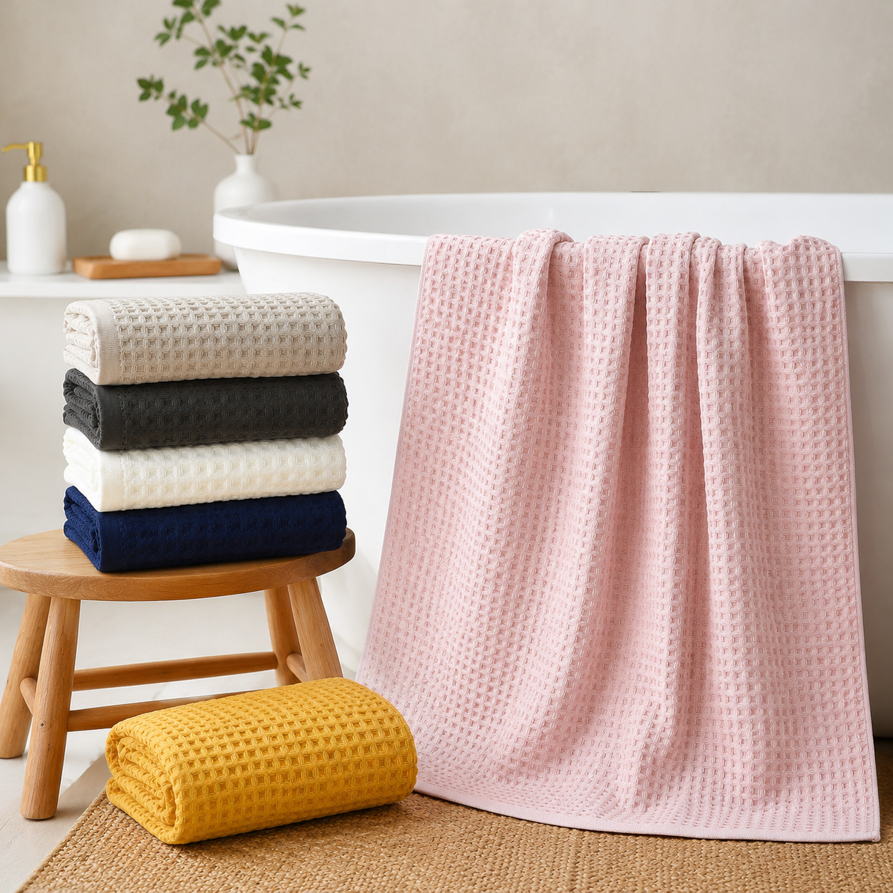 5 Piece Dark Blue Waffle Weave 100% Cotton Towel Set - Quick Dry Absorbent Bath Towel, 2 x Towels and 2 x Face Towels with Hanging Hook for Home and Guest Use