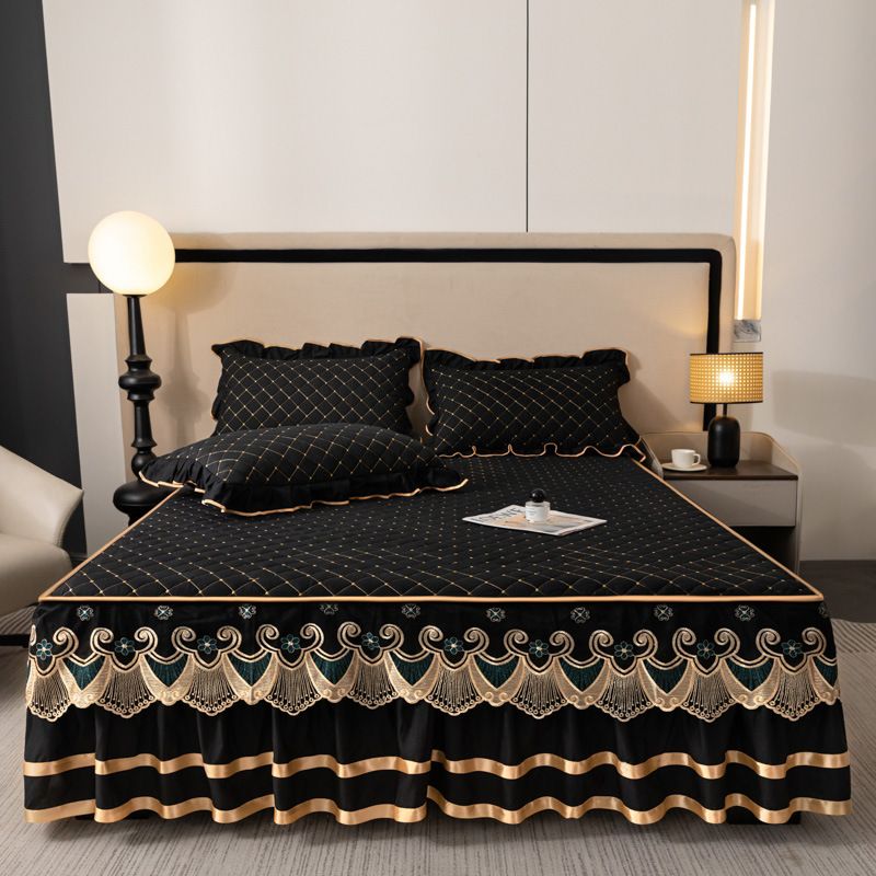 Black and Gold European Soft Brushed Quilted Bed Skirt + 2 Pillowcases Set - Breathable Padded 150 x 200CM Mattress Cover with Lace Trim and 45CM Elevated Valance, All Season Dust Protection
