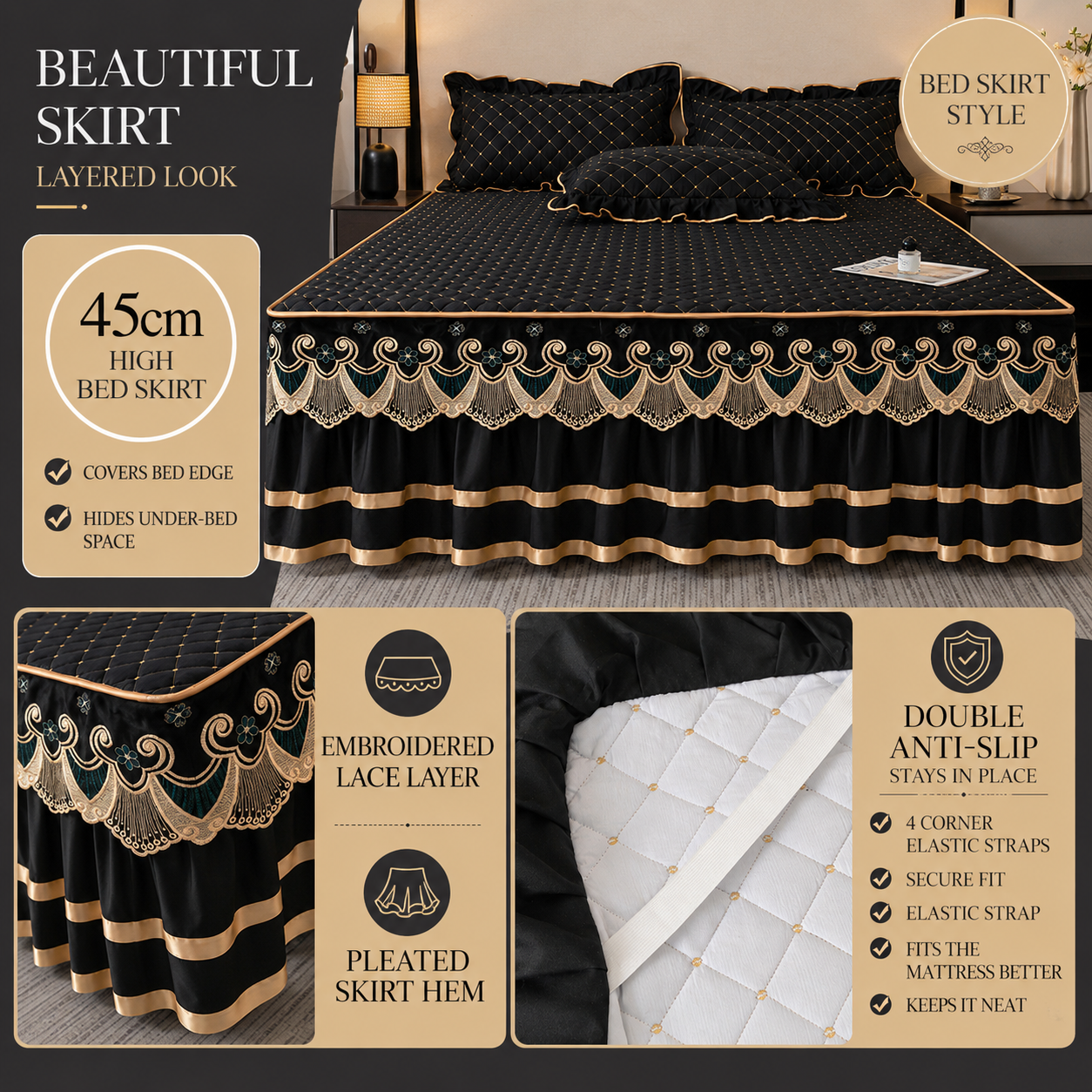 Black and Gold European Soft Brushed Quilted Bed Skirt + 2 Pillowcases Set - Breathable Padded 150 x 200CM Mattress Cover with Lace Trim and 45CM Elevated Valance, All Season Dust Protection