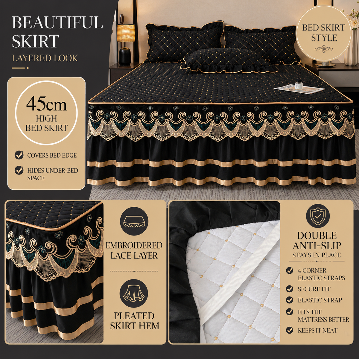 Purple and Gold European Soft Brushed Quilted Bed Skirt + 2 Pillowcases Set - Breathable Padded 150 x 200CM Mattress Cover with Lace Trim and 45CM Elevated Valance, All Season Dust Protection