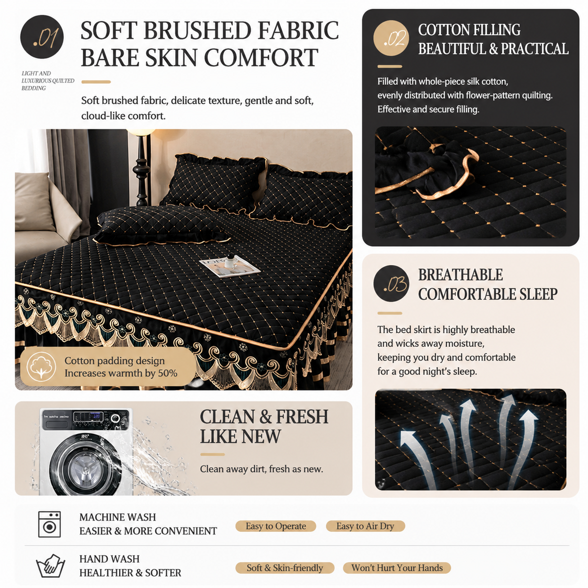Green and Gold European Soft Brushed Quilted Bed Skirt + 2 Pillowcases Set - Breathable Padded 150 x 200CM Mattress Cover with Lace Trim and 45CM Elevated Valance, All Season Dust Protection