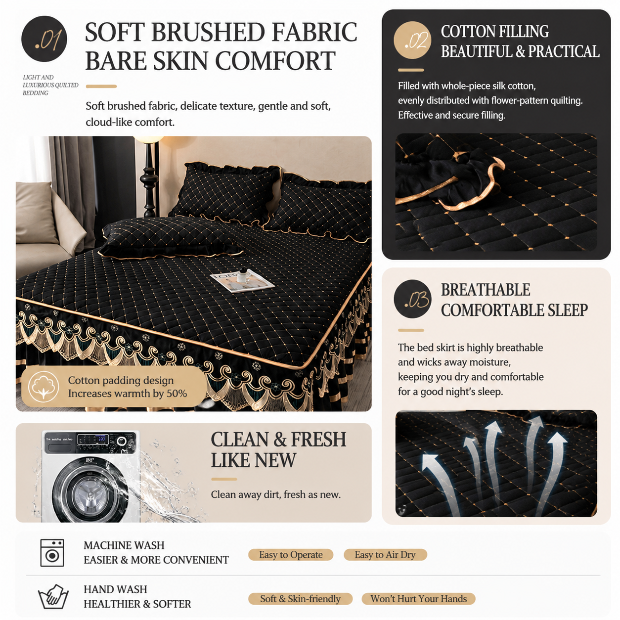 Green and Gold European Soft Brushed Quilted Bed Skirt + 2 Pillowcases Set - Breathable Padded 180 x 200CM Mattress Cover with Lace Trim and 45CM Elevated Valance, All Season Dust Protection