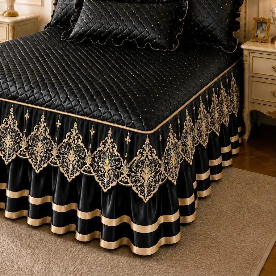 Green and Gold European Soft Brushed Quilted Bed Skirt + 2 Pillowcases Set - Breathable Padded 180 x 200CM Mattress Cover with Lace Trim and 45CM Elevated Valance, All Season Dust Protection