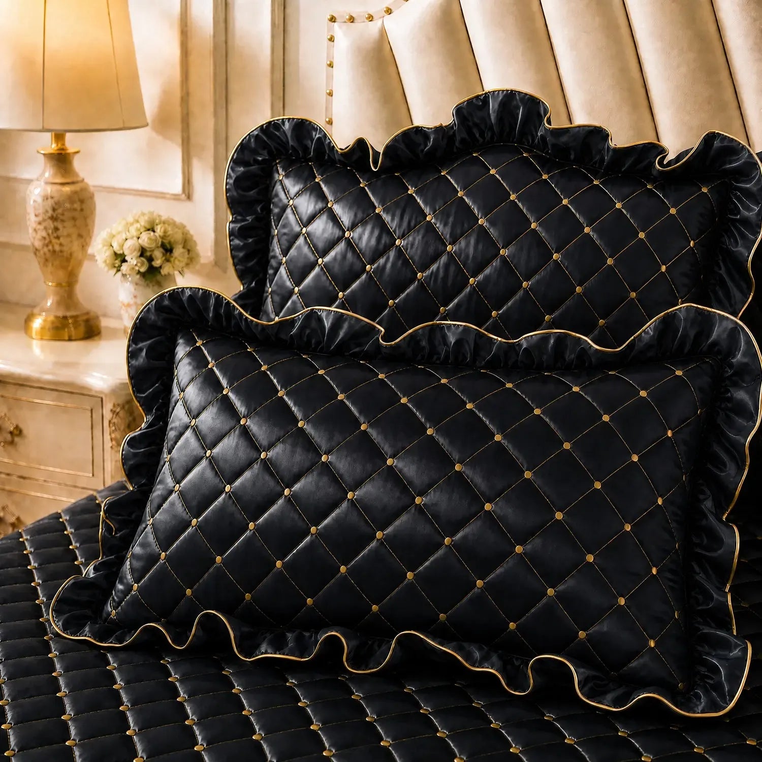 Grey and Gold European Soft Brushed Quilted Bed Skirt + 2 Pillowcases Set - Breathable Padded 150 x 200CM Mattress Cover with Lace Trim and 45CM Elevated Valance, All Season Dust Protection