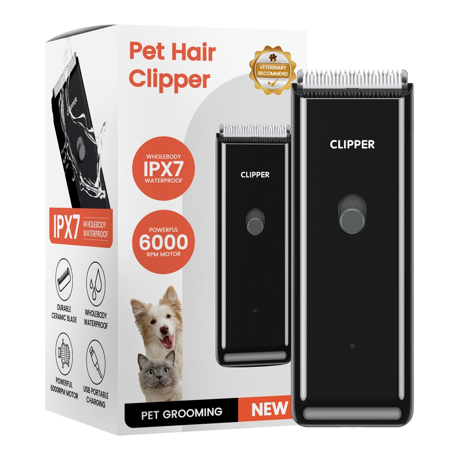 Black Portable Pet Grooming Clipper for Dogs and Cats - IPX7 Waterproof USB Rechargeable Low Noise Hair Trimmer with Ceramic Blade and 4 Combs for Home Veterinary Use