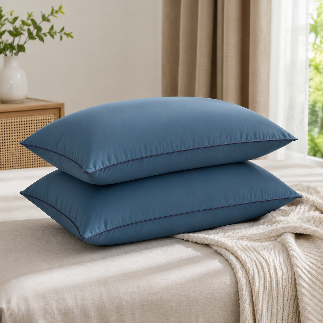 2 Pack Navy Blue Low Bed Pillows with Washable Zip Cover Set (48 x 74 cm) - Soft Brushed  Fabric, Plush Fibre Fill, Fast Rebound Support & Structured Piped Edges for Home Hotels Apartments