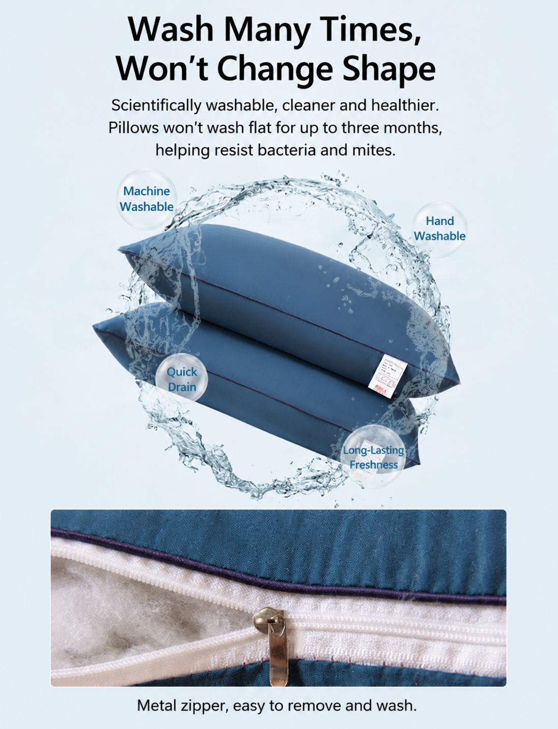 2 Pack Grey Low Bed Pillows with Washable Zip Cover Set (48 x 74 cm) - Soft Brushed  Fabric, Plush Fibre Fill, Fast Rebound Support & Structured Piped Edges for Home Hotels Apartments