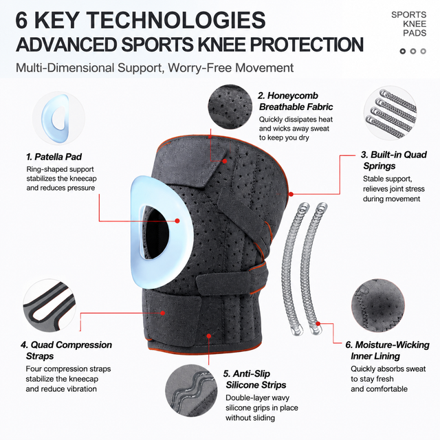Black Sports Knee Brace 1 Pair - Adjustable Open Patella Support with 4 Spring Stabilisers, Compression Straps, Breathable Moisture-wicking Lining and Non Slip Design for Running, Gym and Cycling