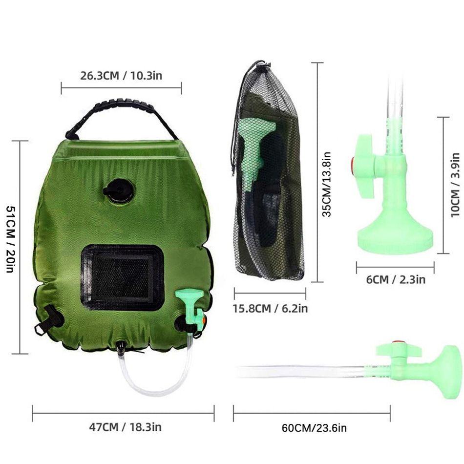 20L / 5 Gallon Solar Heated Camping Shower Bag (Dark Green / Mesh Storage Pocket) - Foldable Outdoor Hanging Shower with Thermometer, Rotating Shower Head and Hose Clip for Hiking and Travel