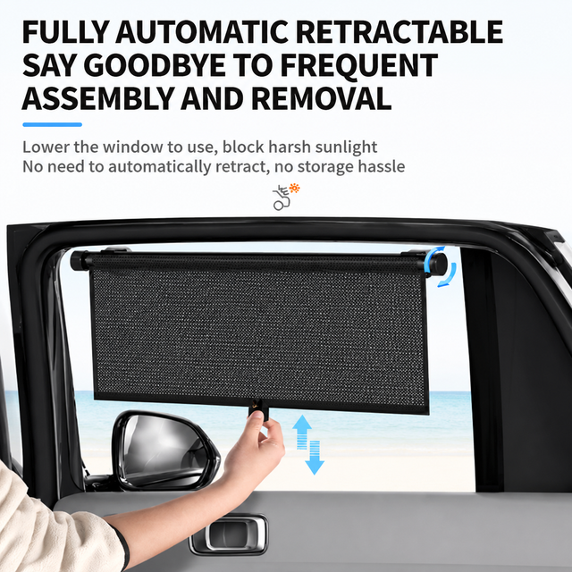1 Pair Retractable Car Side Window Sun Shade (45 x 50CM) - 6 Layer Vinyl Insulation Reflective Roller Blinds, One Click Auto Rewind, One-Way Privacy, Universal Suction Cup & Velcro Fit