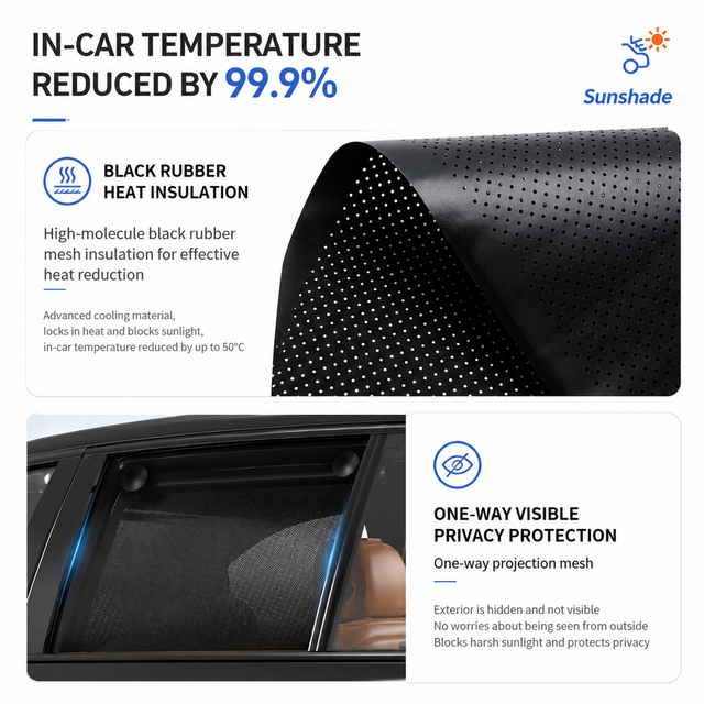 1 Pair Retractable Car Side Window Sun Shade (45 x 50CM) - 6 Layer Vinyl Insulation Reflective Roller Blinds, One Click Auto Rewind, One-Way Privacy, Universal Suction Cup & Velcro Fit